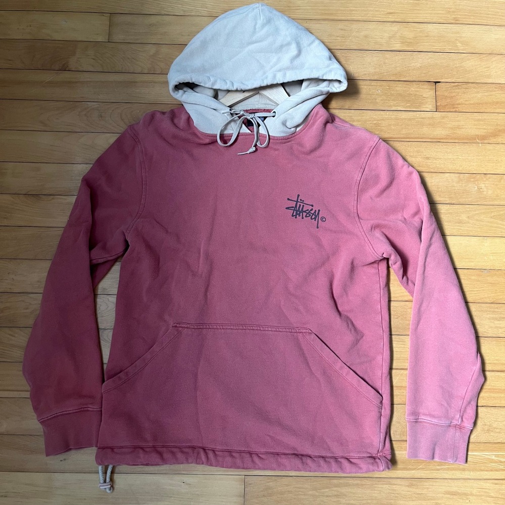 Stussy Hoodie Two Tone Pink Cream Stock Logo Pullover Sweatshirt Mens Medium